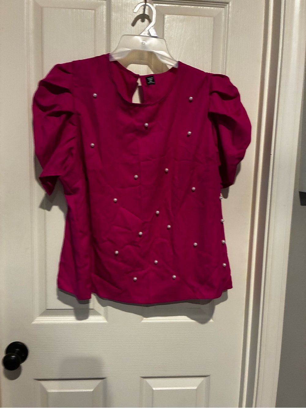 SHEIN Hot Pink Pearl-Accent Puff Sleeve Blouse